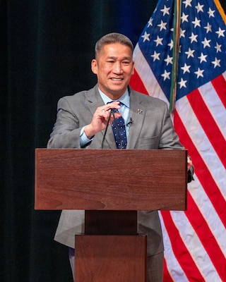 Acting Secretary of the Navy Hung Cao speaks during a celebration commemorating the 80th anniversary of the Office of Naval Research, held July 31 at the Pentagon Auditorium. (U.S. Navy photo by Michael Walls)