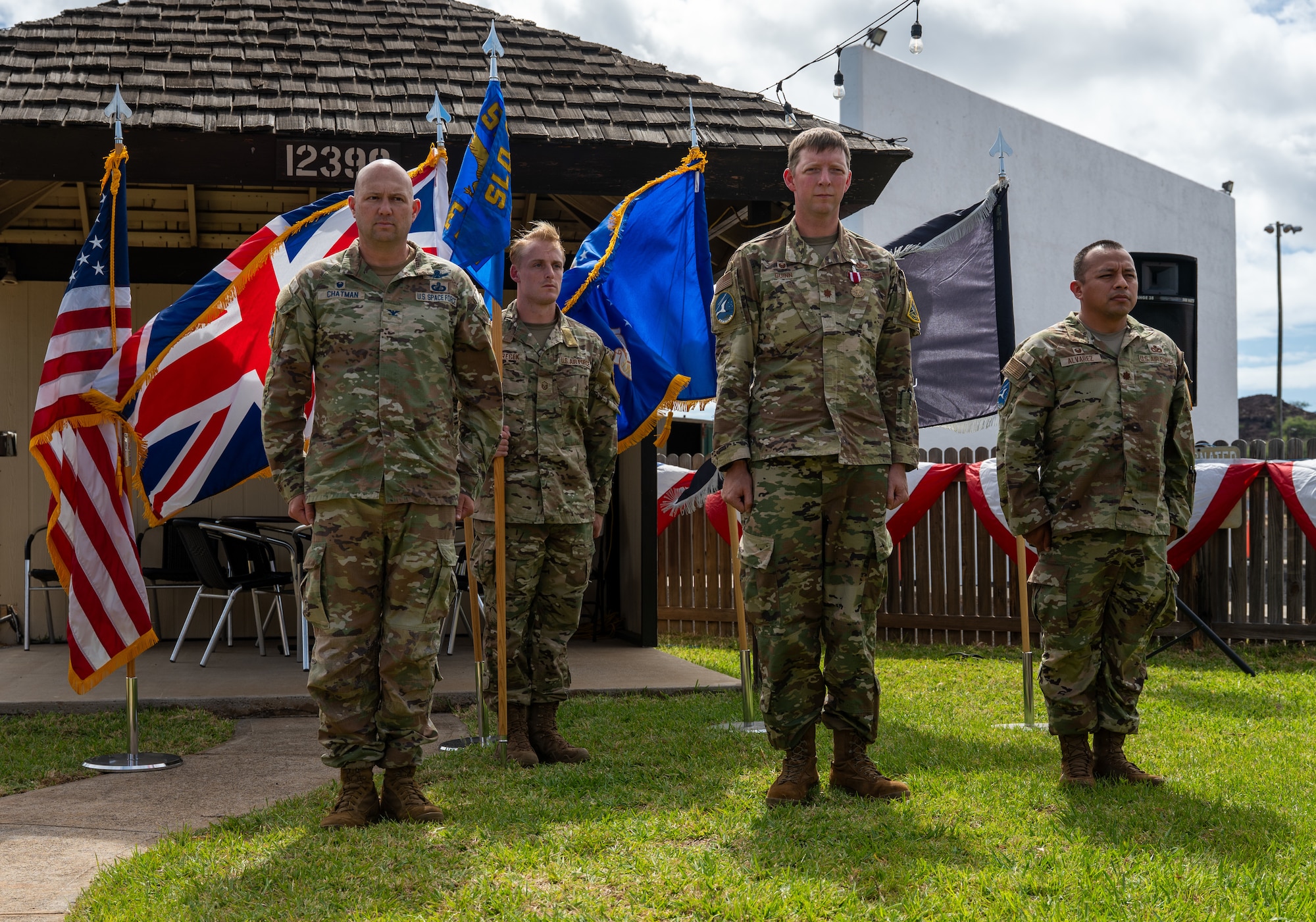 Military members participate in a change of command ceremony.