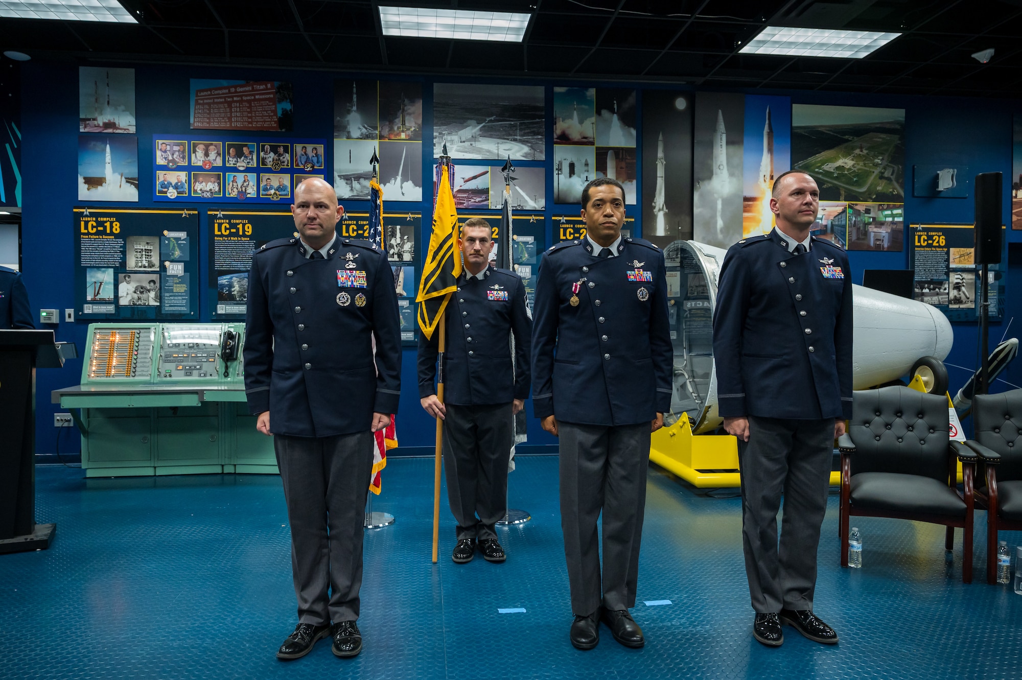 Military members participate in a change of command ceremony,