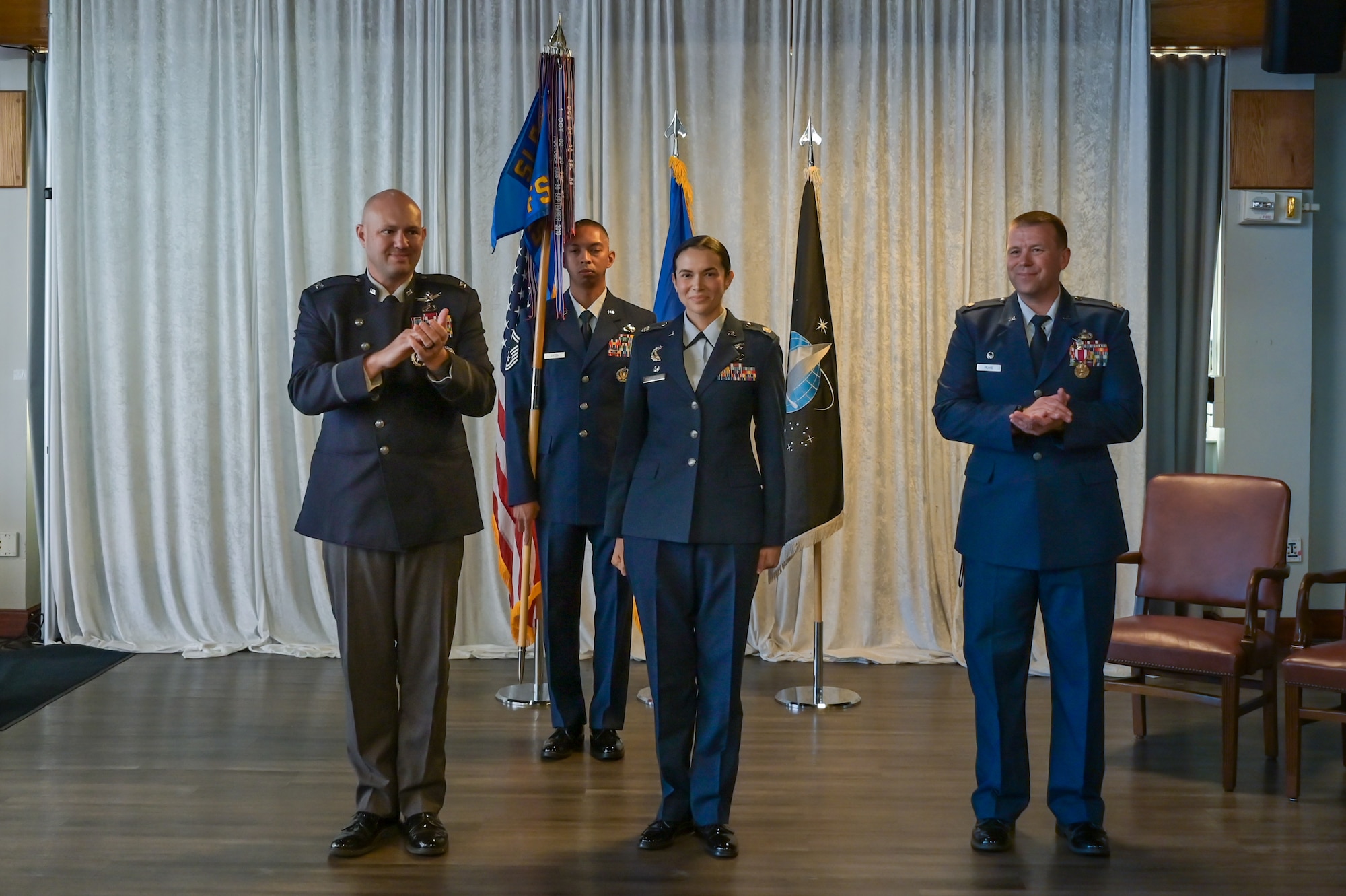 Military members participate in a change of command ceremony,