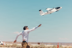 Noah Benton of Titan Dynamics launches a rapidly produced sUAS during "Game of Drones" 26-2 at Edwards Air Force Base, California on June 16, 2026. Hosted by the 412th Test Wing’s Experimental Test Force, in collaboration with the Defense Contract Management Agency’s US-X unit, the event supports the Air Force Test Center’s mission to accelerate the evaluation of autonomous technologies through collaborative experimentation and rapid user feedback. These evaluations will help accelerate placement onto the sUAS Blue List, strengthening efforts to meet the Secretary of War’s Drone Dominance initiative. (U.S. Air Force photo by Brandon Hernandez)
