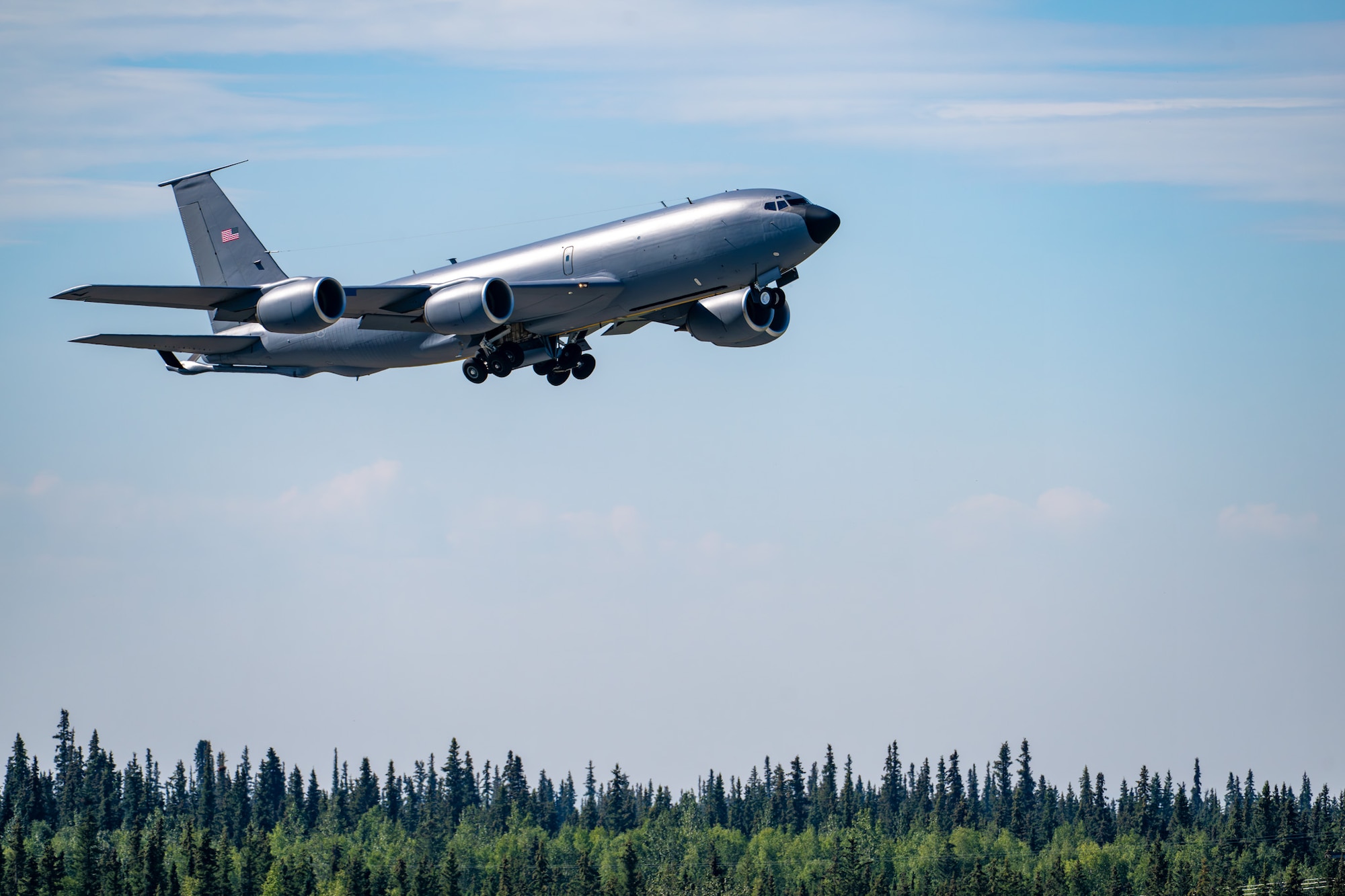 A U.S. Alaska Air National Guard KC-135 Stratotanker assigned to the 168th Wing, takes off for the Arctic Lightning Air Show at Eielson Air Force Base, Alaska, Aug. 1, 2026.