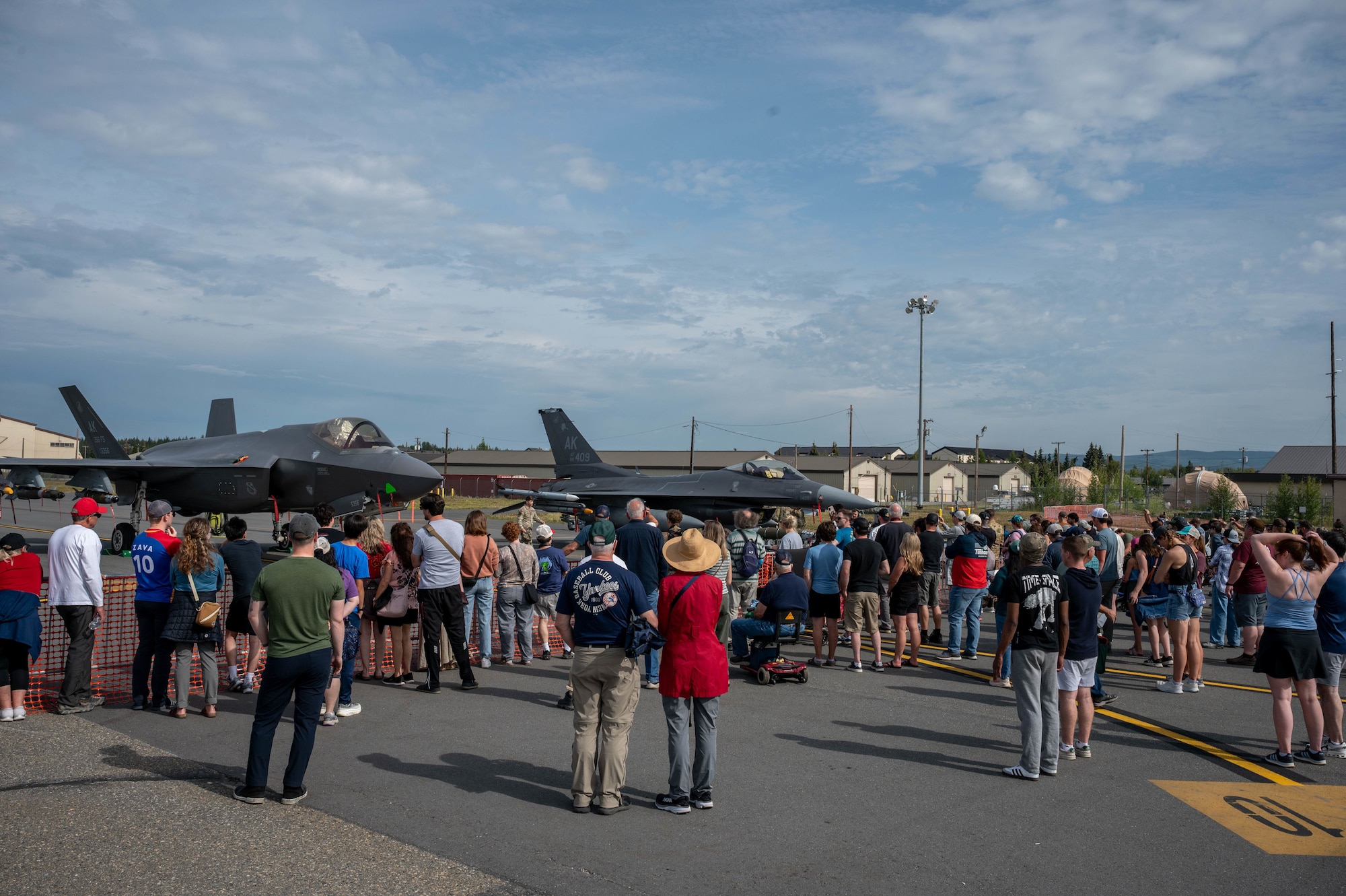U.S. Air Force fighter jets sit as static displays on the flightline during the Arctic Lightning Air Show at Eielson Air Force Base, Alaska, Aug. 1, 2026.