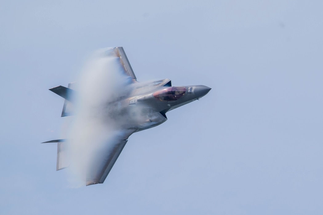 U.S. Air Force Maj. Sean “Rambo” Laughlin, commander of the F-35A Lightning II Demonstration Team performs an aerial maneuver in an F-35A Lightning II during the Arctic Lightning Air Show at Eielson Air Force Base, Alaska, Aug. 2, 2026.
