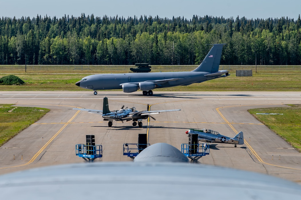 A U.S. Alaska Air National Guard KC-135 Stratotanker assigned to the 168th Wing, and two heritage aircraft from the Alaska Commemorative Air Force taxi during the Arctic Lightning Air Show at Eielson Air Force Base, Alaska, Aug. 2, 2026.