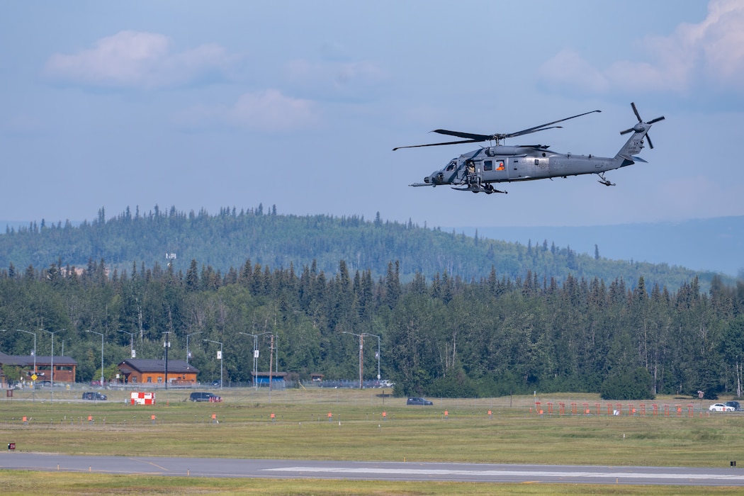 A U.S. Air Force HH-60 Pavehawk assigned to the 210th Rescue Squadron takes off prior to the Arctic Lightning Air Show at Eielson Air Force Base, Alaska, Aug. 1, 2026.