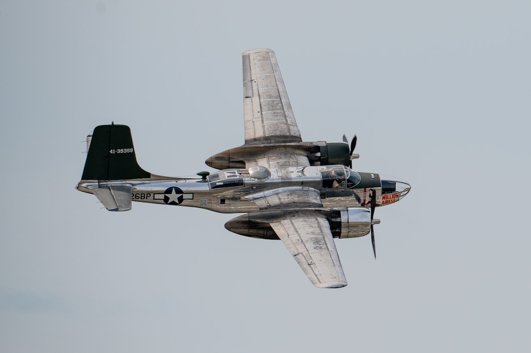 An A-26 Invader performs an aerial demonstration during the Arctic Lightning Air Show at Eielson Air Force Base, Alaska, Aug. 2, 2026.