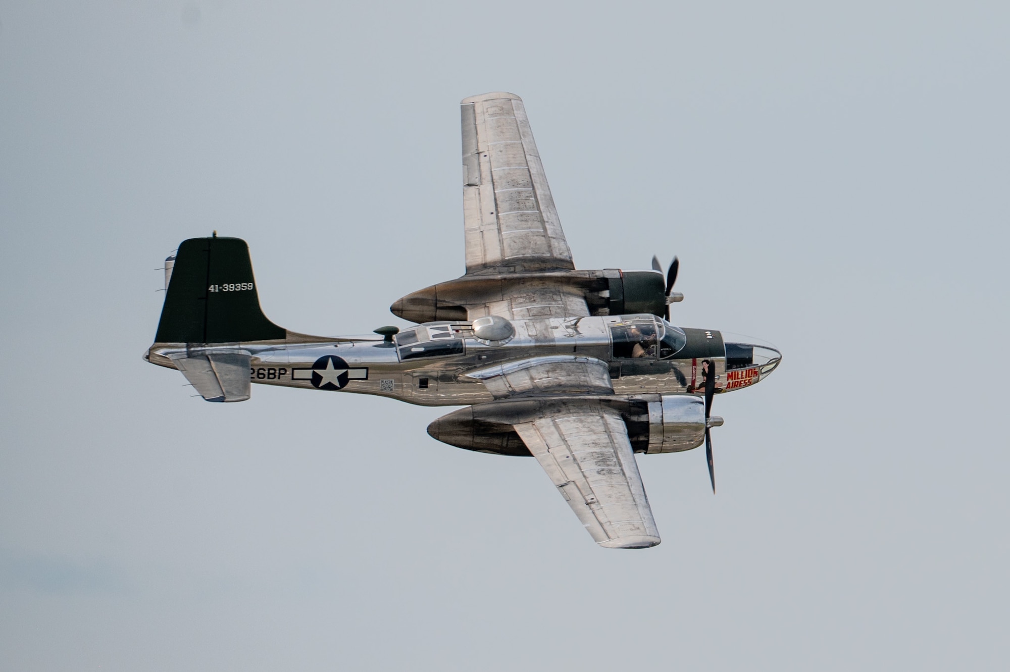 An A-26 Invader performs an aerial demonstration during the Arctic Lightning Air Show at Eielson Air Force Base, Alaska, Aug. 2, 2026.