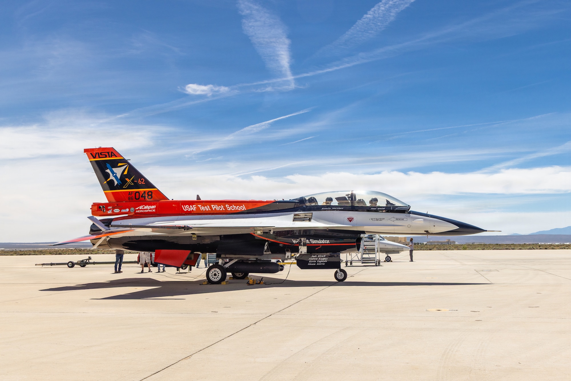 The X-62 VISTA basks in the Mojave sun before embarking on several test flights supporting HAVE HEAT and HAVE HOLIDAYS for the Air Force Test Pilot School and industry partners at Edwards Air Force Base, California, April 22, 2026. Driven by the Test Resource Management Center’s X-62 Mission Systems Upgrades (MSU), these latest milestones reflect continued emphasis on the safe acceleration of artificial intelligence and autonomy capabilities for the warfighter. (U.S. Air Force Photo by Lindsey Iniguez)