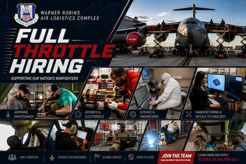 Graphic says "Full Throttle Hiring" and shows many people across the WR-ALC working at their jobs