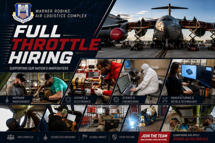 Graphic says "Full Throttle Hiring" and shows many people across the WR-ALC working at their jobs