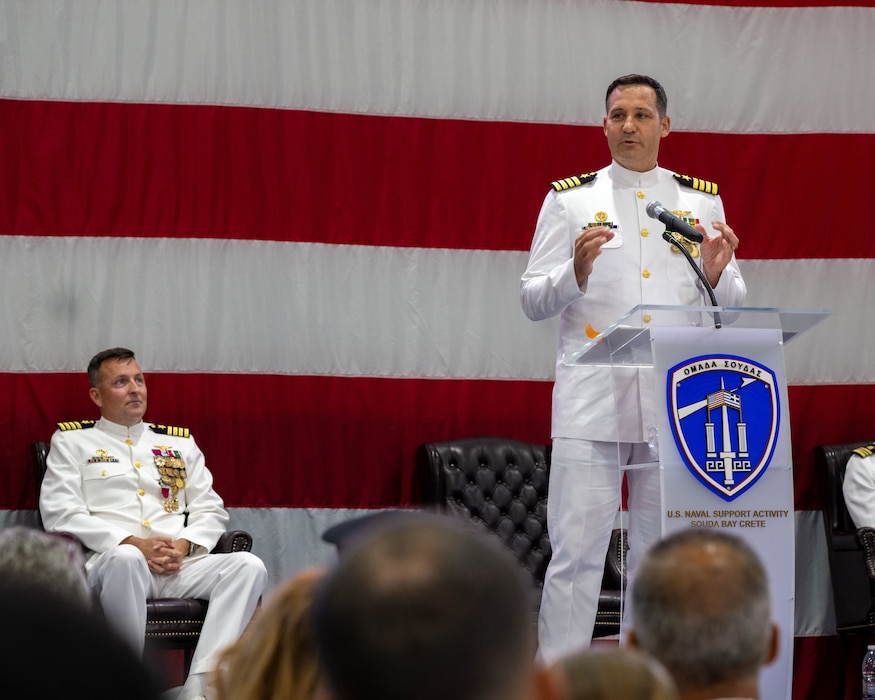 Capt. Patrick O’Neill, incoming commanding officer, Naval Support Activity Souda Bay, delivers remarks during a Change of Command Ceremony onboard NSA Souda Bay, Greece, on Aug. 4, 2026.
