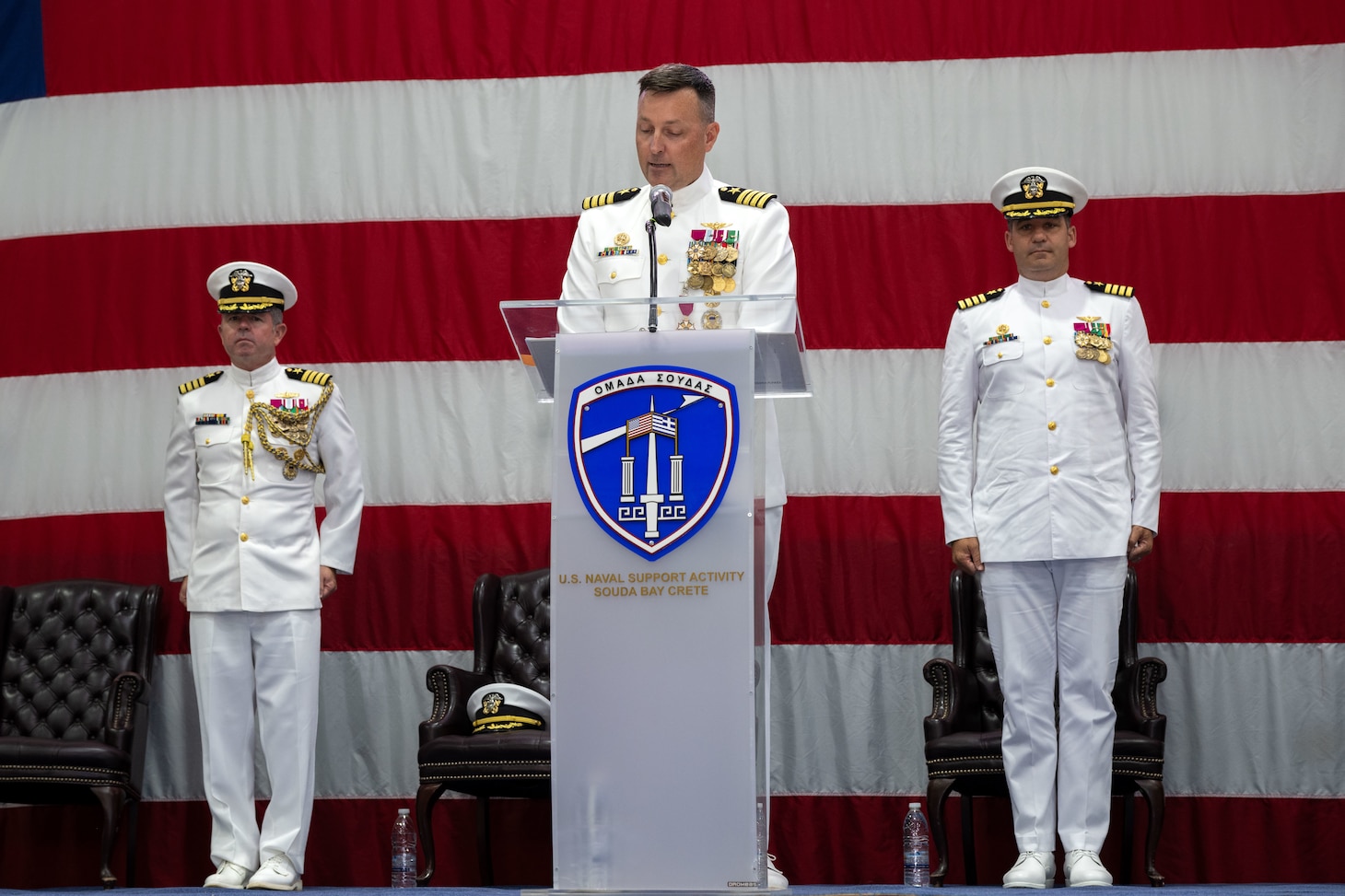 Capt. Stephen Steacy, outgoing commanding officer, Naval Support Activity Souda Bay, delivers remarks during a Change of Command Ceremony onboard NSA Souda Bay, Greece, on Aug. 4, 2026.