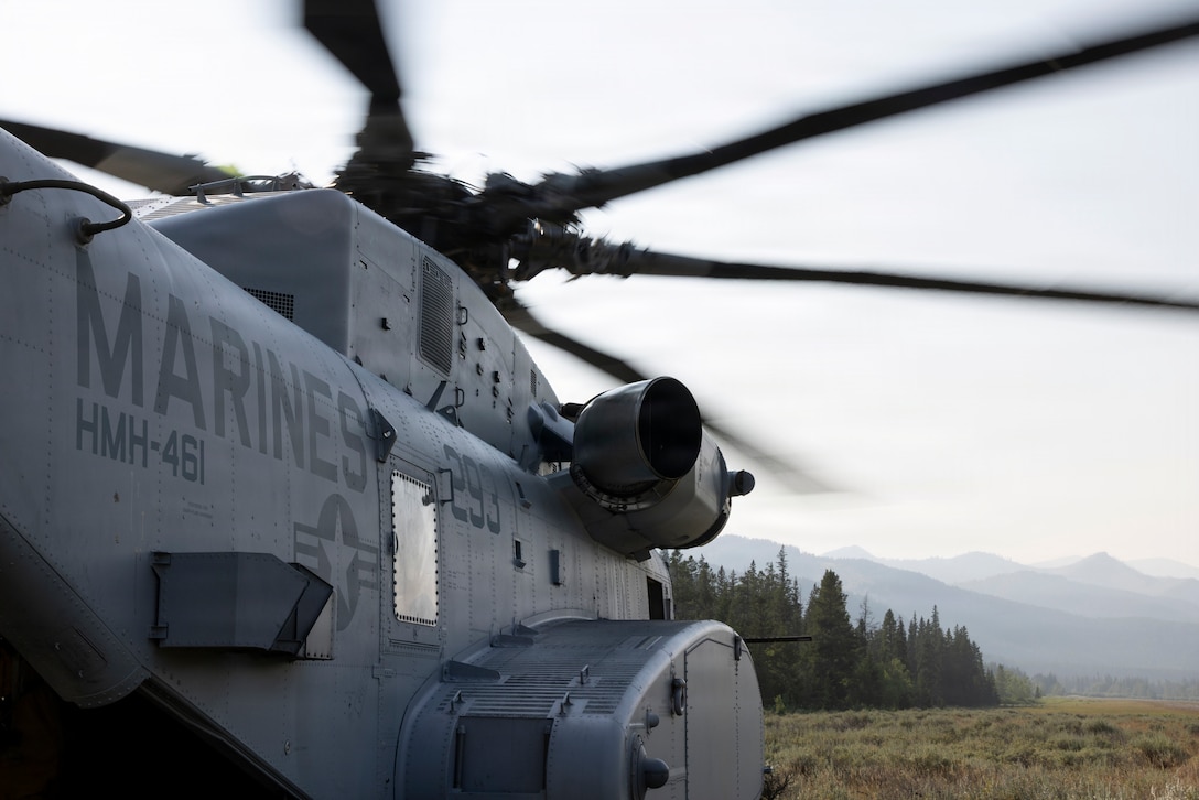 A U.S. Marine Corps CH-53K King Stallion with Marine Heavy Helicopter Squadron (HMH) 461, Marine Aircraft Group 29, 2nd Marine Aircraft Wing, lands near Helena, Montana during a Marine Corps Combat Readiness Evaluation, July 29, 2026. HMH-461 conducted a MCCRE to ensure readiness for future deployments and operations. The MCCRE is a formal evaluation of an operational unit based on approved Marine Corps training and readiness tasks, conditions, and standards to ensure combat readiness. (U.S. Marine Corps photo by Lance Cpl. Perri Wood)