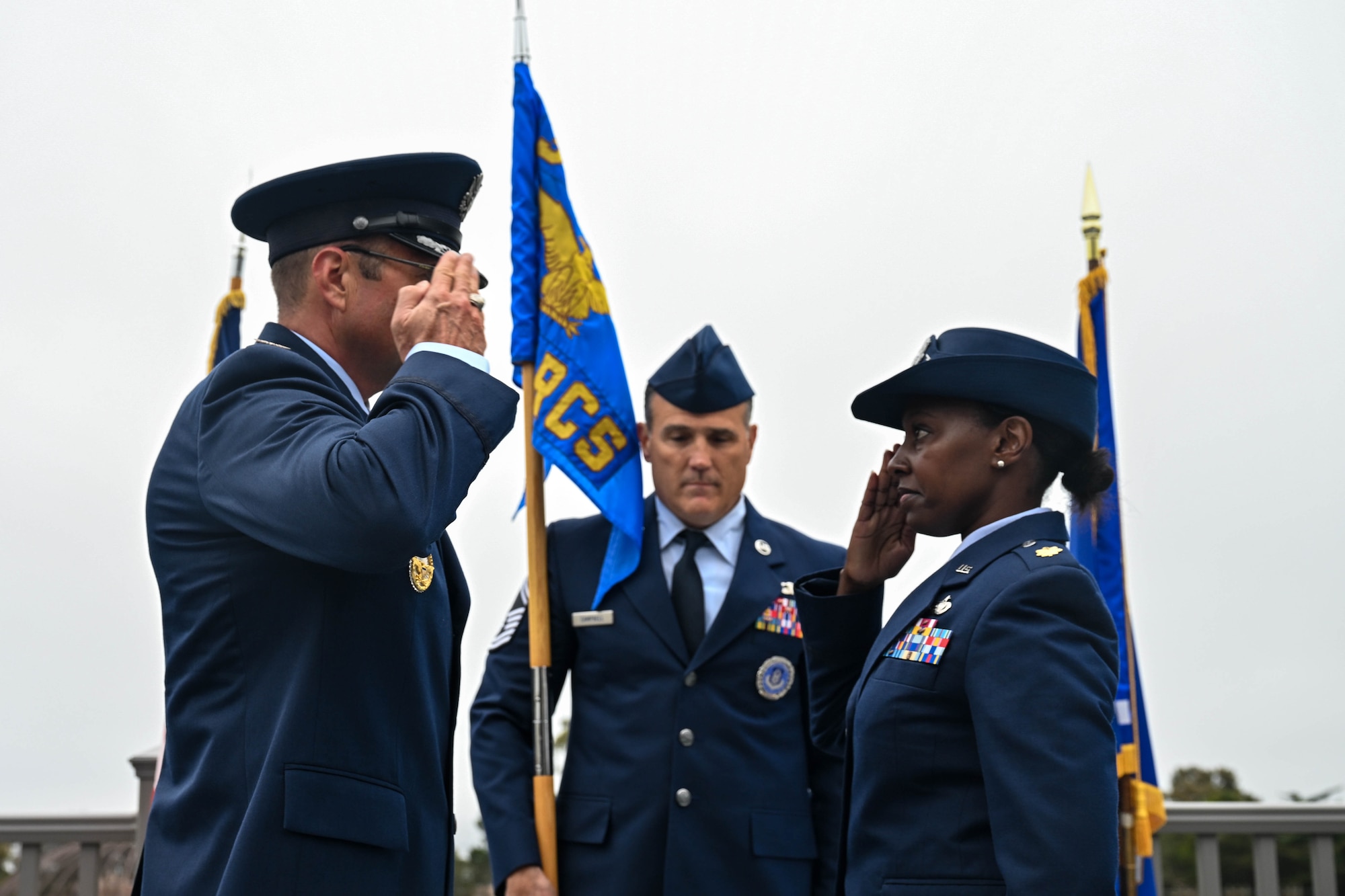 U.S. Air Force Maj. Fiona Pham, 353d Recruiting Squadron commander, March Air Reserve Base, California, renders her first salute as commander of the 353 RCS to U.S. Air Force Col. Sean “Metro” Fellows, 376th Recruiting Group commander, Robins Air Force Base, Georgia, during an Assumption of Command ceremony, July 29, 2026, U.S. Army Garrison Presidio of Monterey, California. Pham now commands 107 military and civilian personnel, 66 recruiting offices, 15 Military Entrance Processing Stations, and has an area of operation of the entire West Coast, which includes Arizona, California, Hawaii, Nevada, New Mexico, Utah, Idaho, Oregon, Washington, Alaska, and portions of Texas, Wyoming, and Montana, as well as, Reserve recruiting efforts in the Pacific: Anderson Air Force Base, Guam, Kadena Air Base, Japan, Misawa AB, Japan, Yokota AB, Japan, Osan AB, South Korea, and Kunsan AB, South Korea. (U.S. Air Force photo by Master Sgt. Della Creech)