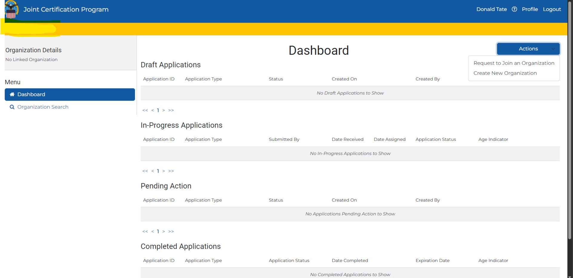 Screenshot of the JCP Portal dashboard before joining an organization. The dashboard shows Draft, In-Progress, Pending and Completed applications.