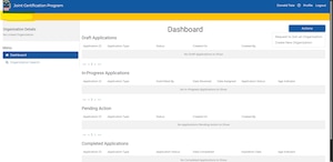 Screenshot of the JCP Portal dashboard before joining an organization. The dashboard shows Draft, In-Progress, Pending and Completed applications.