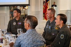 U.S. Air Force Maj. Gen. Ty Neuman, Eighth Air Force and Joint-Global Strike Operations Center commander, center, sits alongside Col. Christopher Welch, left, 317th Airlift Wing commander, and Col. Robert “Ripper” Sturgill Jr., 7th Bomb Wing and installation commander, during a Military Affairs Council luncheon in Abilene, Texas, July 30, 2026. Both Sturgill and Welch were introduced to civic leaders across Abilene as the newest commanders of the two wings that execute the “lift and strike” mission at Dyess Air Force Base. (U.S. Air Force photo by Senior Airman Jade M. Caldwell)