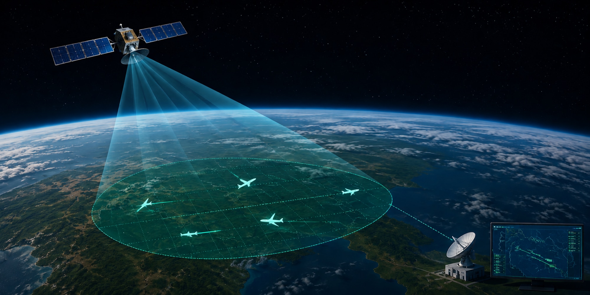 This image is an artist's conceptual rendering of the Space-Based Airborne Moving Target Indicator (SB-AMTI) program. (Illustration by John Ayre)