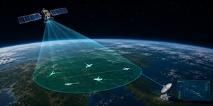 This image is an artist's conceptual rendering of the Space-Based Airborne Moving Target Indicator (SB-AMTI) program. (Illustration by John Ayre)