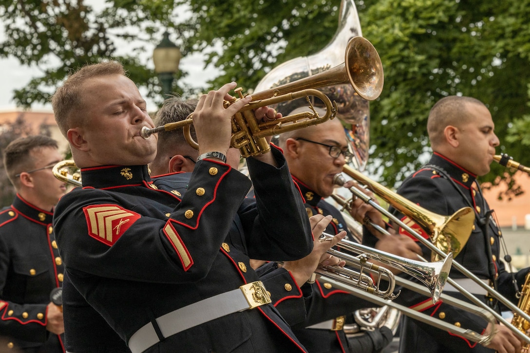 U.S. Marine Corps Sgt. Trevor Halley, from Ohio, a musician with 2nd Marine Aircraft Wing Band, performs during the 49th annual Sturgis Falls Celebration at Cedar Falls, Iowa June 27, 2026. The 2nd MAW Band took part in the celebration to strengthen community relations and reaffirm the history, customs, and traditions representative of the Marine Corps. (U.S. Marine Corp photo by Pfc. Keani Guthmueller)