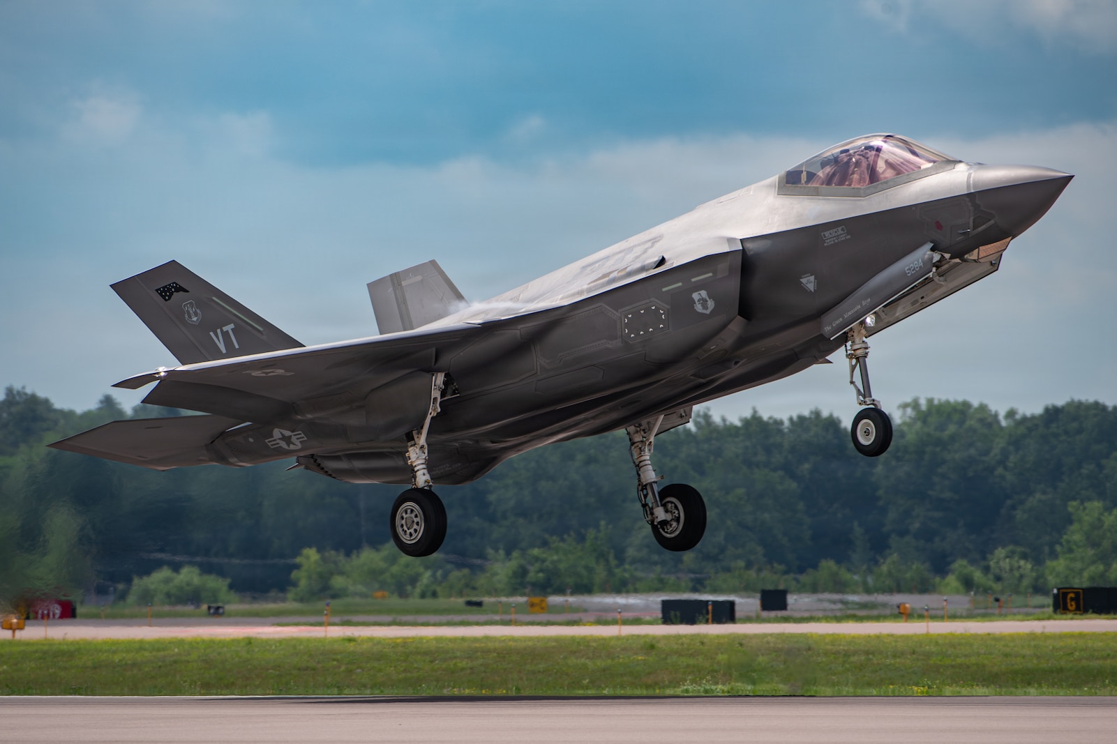 A photo of a U.S. Air Force F-35A Lightning II aircraft taking off from South Burlington, Vermont, July 4, 2026.