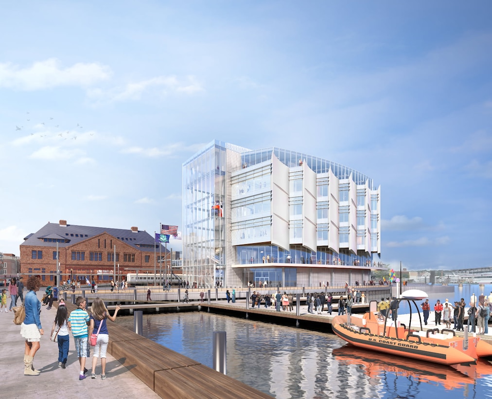 A rendering shows the future National Coast Guard Museum along the Thames River waterfront in New London, Connecticut. The 80,000-square-foot museum, scheduled to open to the public during the week of Aug. 2, 2027, will be the nation’s first national museum dedicated to preserving and sharing the history, heritage and enduring missions of the U.S. Coast Guard. (U.S. Coast Guard rendering)