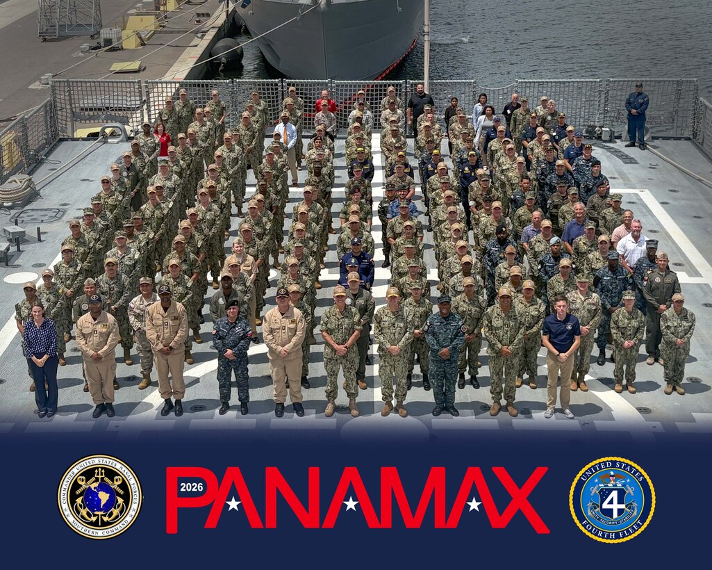 The official photo for Exercise PANAMAX 2026. U.S. Naval Forces Southern Command/U.S. 4th Fleet is hosting the Combined Force Maritime Component Command (CFMCC) portion of the annual exercise from Aug. 3-12, 2026. Sponsored by U.S. Southern Command (SOUTHCOM), PANAMAX 2026 provides crucial training opportunities for partner nations to build capabilities for planning and conducting complex multinational operations, enabling allies to develop and implement standard operating procedures in response to asymmetric and conventional threats. (U.S. Navy photo/Released)