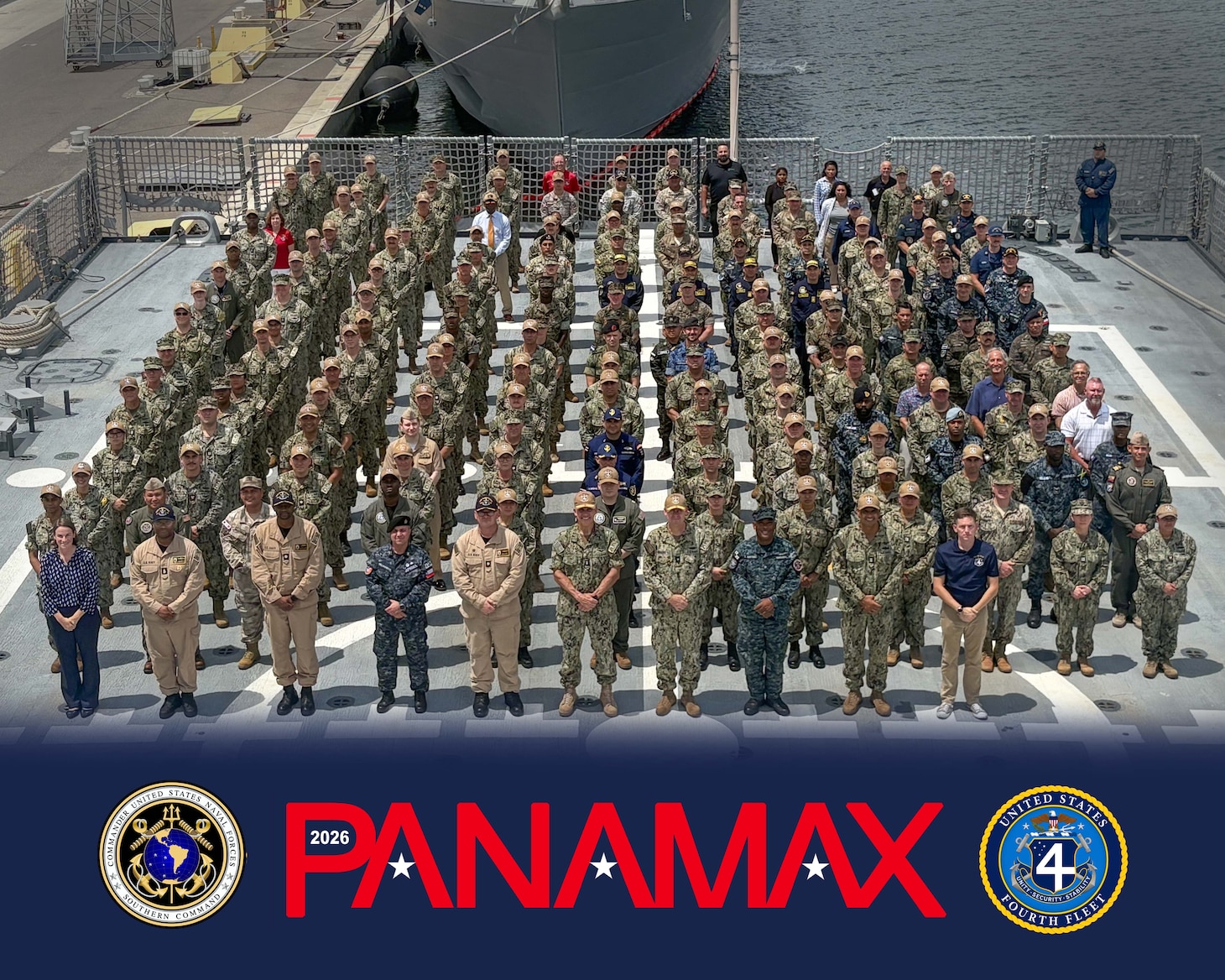 The official photo for Exercise PANAMAX 2026. U.S. Naval Forces Southern Command/U.S. 4th Fleet is hosting the Combined Force Maritime Component Command (CFMCC) portion of the annual exercise from Aug. 3-12, 2026. Sponsored by U.S. Southern Command (SOUTHCOM), PANAMAX 2026 provides crucial training opportunities for partner nations to build capabilities for planning and conducting complex multinational operations, enabling allies to develop and implement standard operating procedures in response to asymmetric and conventional threats. (U.S. Navy photo/Released)