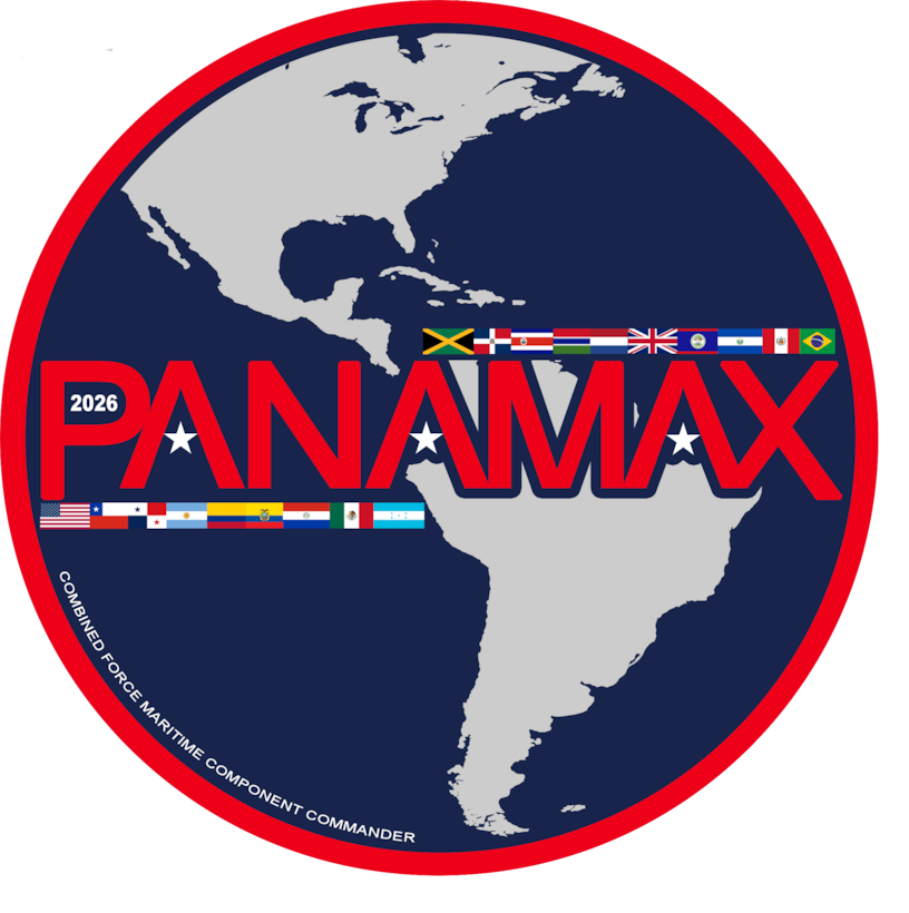 The official logo of Exercise PANAMAX 2026. U.S. Naval Forces Southern Command/U.S. 4th Fleet is hosting the Combined Force Maritime Component Command (CFMCC) portion of the annual exercise from Aug. 3-12, 2026. Sponsored by U.S. Southern Command (SOUTHCOM), PANAMAX 2026 provides crucial training opportunities for partner nations to build capabilities for planning and conducting complex multinational operations, enabling allies to develop and implement standard operating procedures in response to asymmetric and conventional threats. (U.S. Navy graphic/Released)