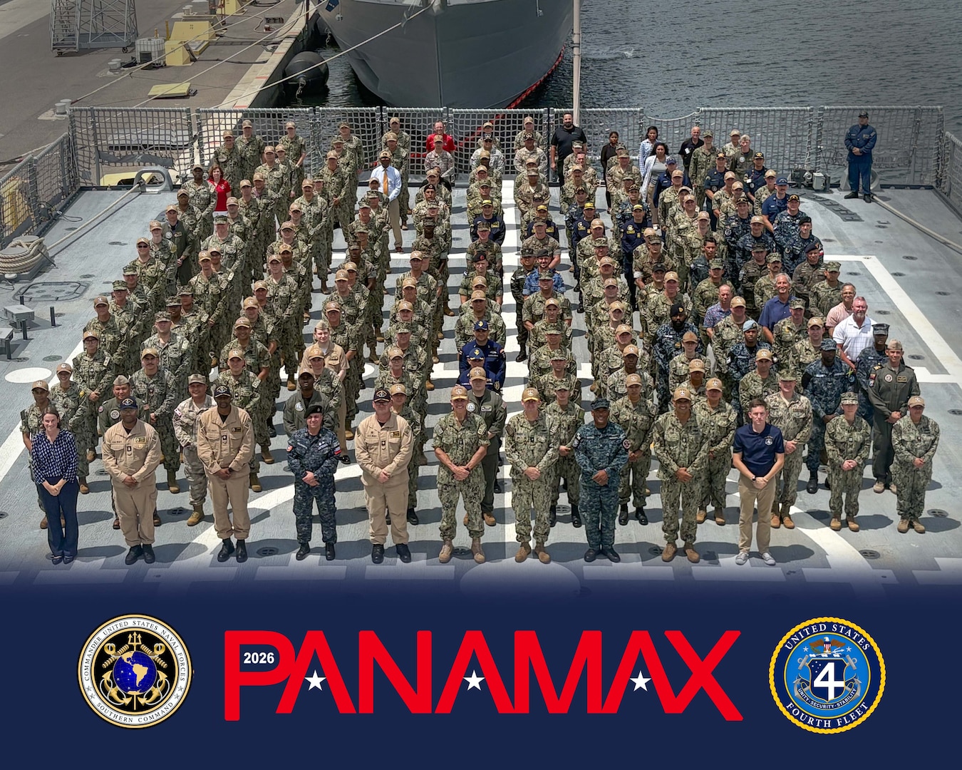 The official photo for Exercise PANAMAX 2026. U.S. Naval Forces Southern Command/U.S. 4th Fleet is hosting the Combined Force Maritime Component Command (CFMCC) portion of the annual exercise from Aug. 3-12, 2026. Sponsored by U.S. Southern Command (SOUTHCOM), PANAMAX 2026 provides crucial training opportunities for partner nations to build capabilities for planning and conducting complex multinational operations, enabling allies to develop and implement standard operating procedures in response to asymmetric and conventional threats. (U.S. Navy photo/Released)