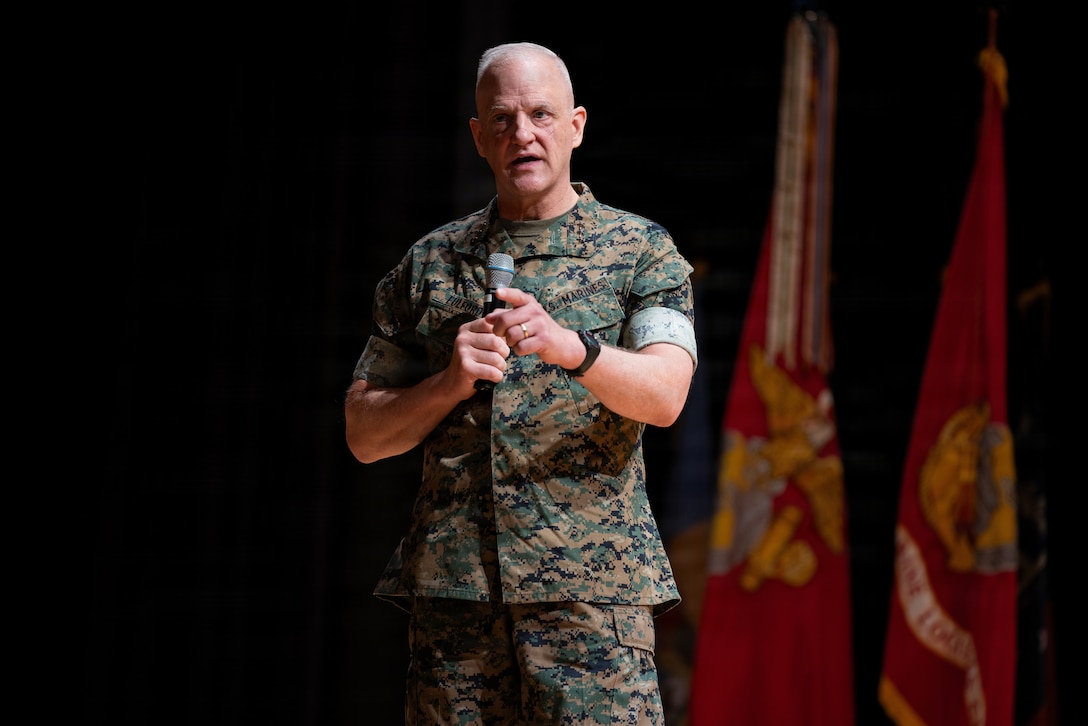 U.S. Marine Corps to Lt. Gen. Robert C. Fulford, the oncoming commanding general of II Marine Expeditionary Force, speaks during the II MEF Change of Command ceremony at Marine Corps Base Camp Lejeune, North Carolina, Aug. 4, 2026. The change of command ceremony symbolizes the passing of authority and responsibility from the offgoing to the oncoming commanding officer. (U.S. Marine Corps photo by Lance Cpl. Ethan Claassen)