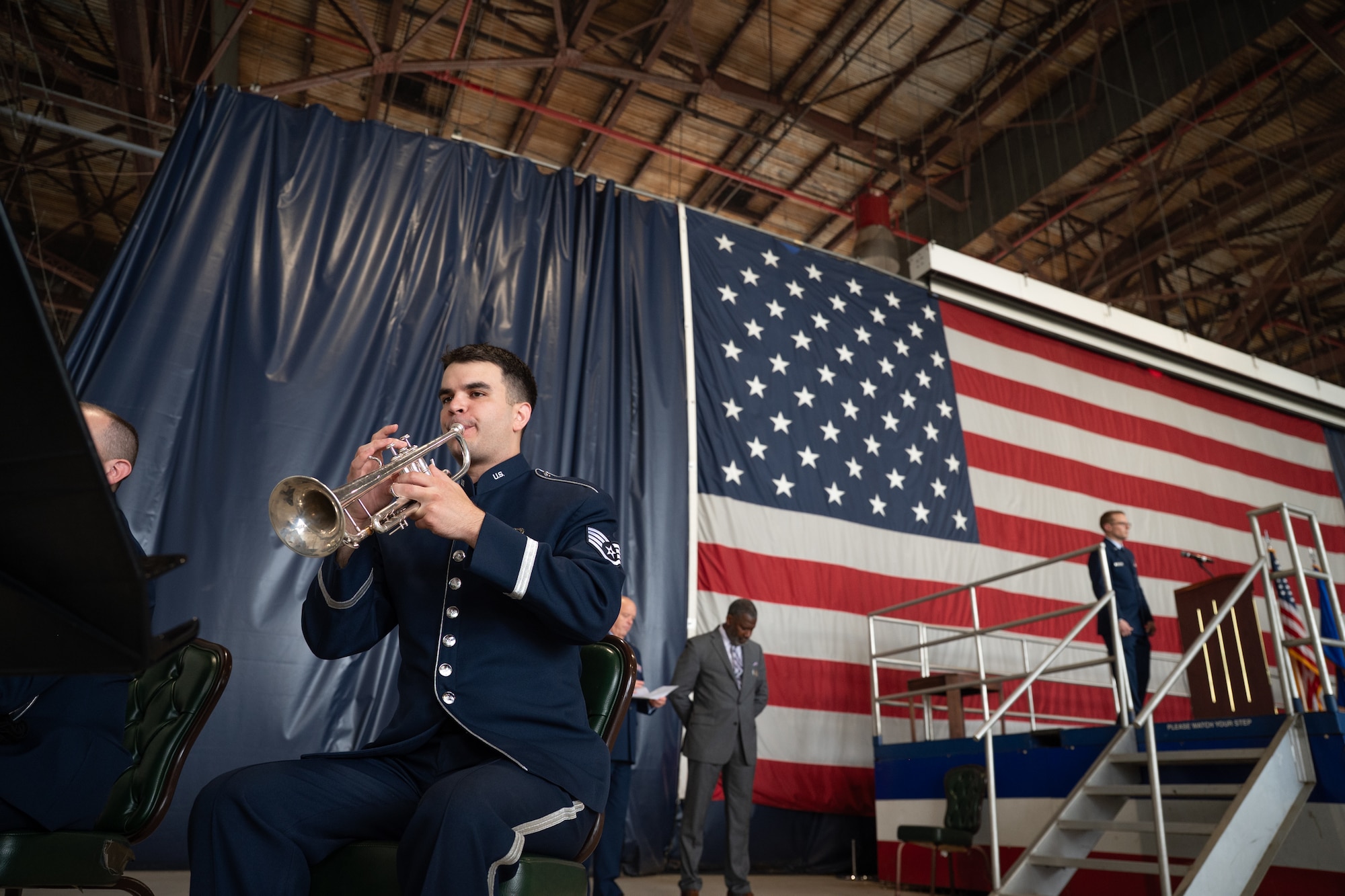 Staff Sgt. Daniel Gelman, Heritage of America bandsman, performs at the U.S. Air Forces Central change of command ceremony at Shaw Air Force Base, South Carolina, Aug. 4, 2026.