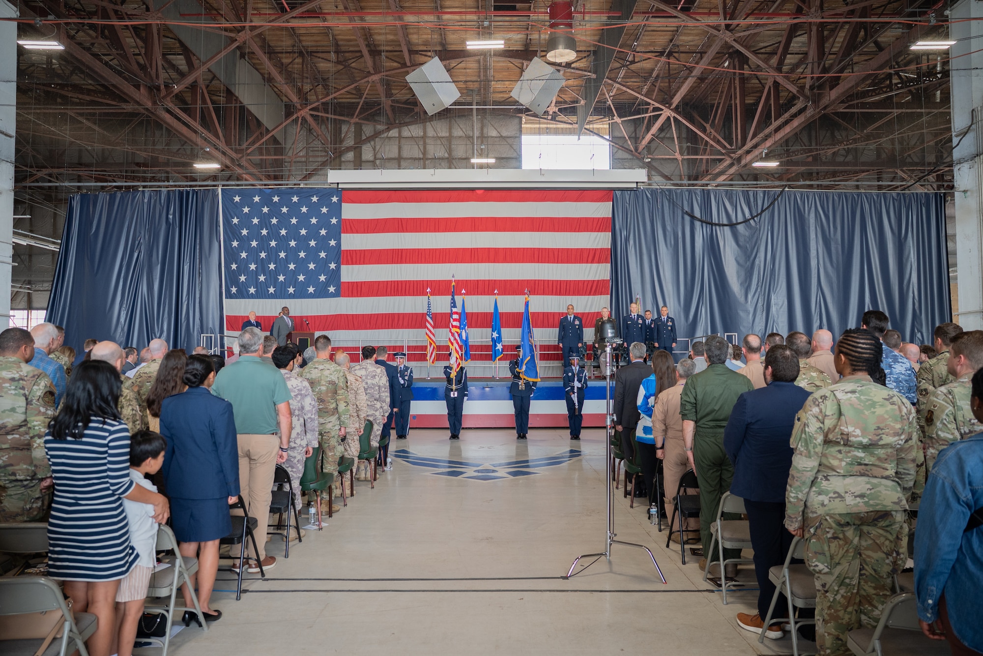 Airmen from the Shaw Air Force Base Honor Guard present the colors at the U.S. Air Forces Central change of command ceremony at Shaw Air Force Base, South Carolina, Aug. 4, 2026.