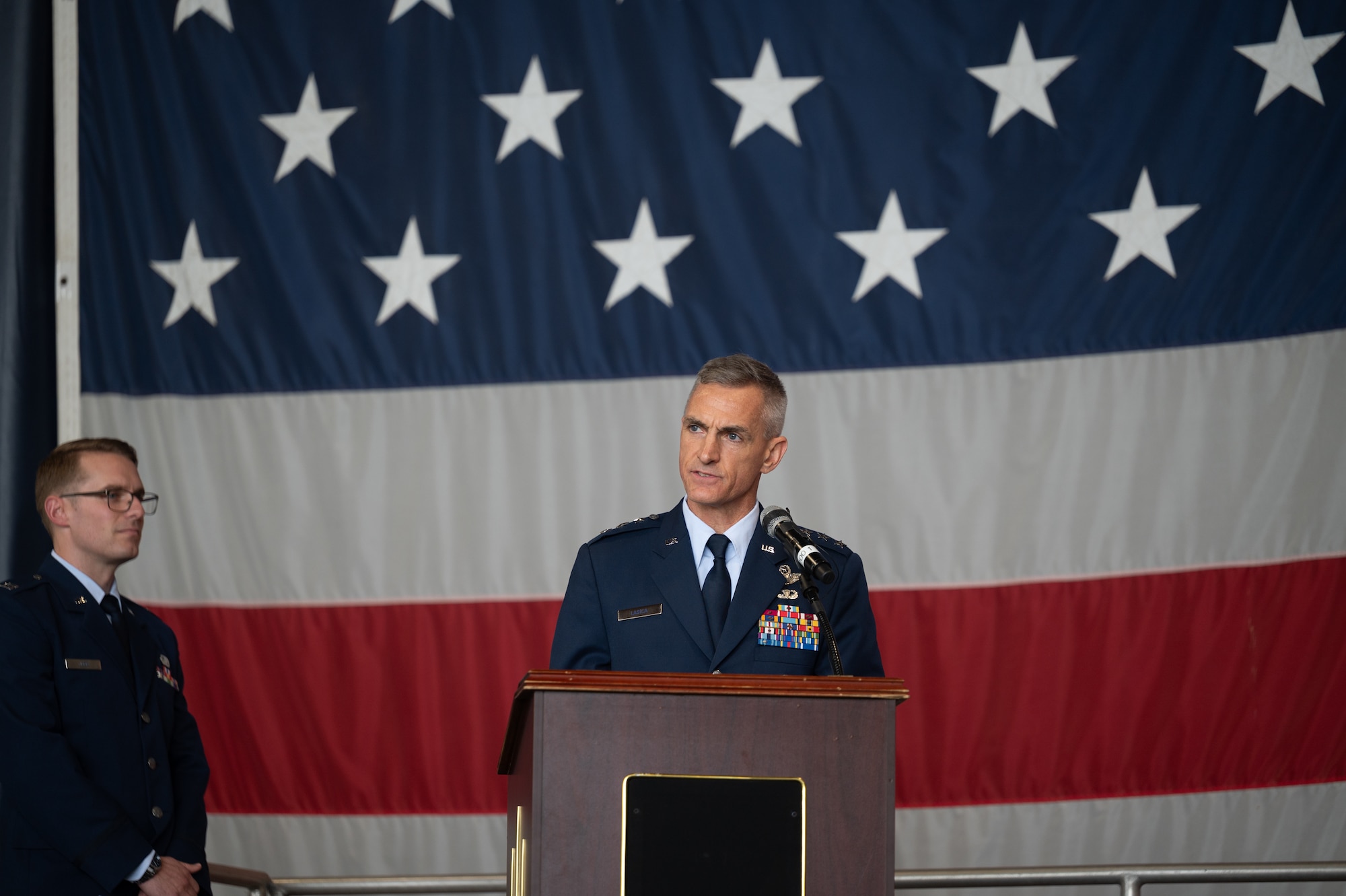 U.S. Air Force Lt. Gen. Daniel T. Lasica, U.S. Air Forces Central commander, delivers remarks during his change of command ceremony at Shaw Air Force Base, South Carolina, Aug. 4, 2026.