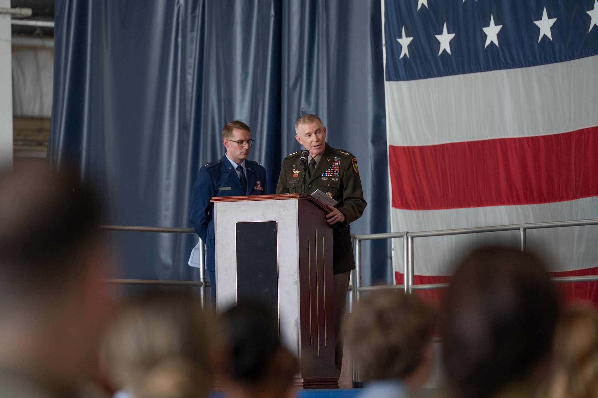 U.S. Army Lt. Gen. Patrick Frank, deputy commander of U.S. Central Command, delivers remarks during a change of command ceremony at Shaw Air Force Base, South Carolina, Aug. 4, 2026.
