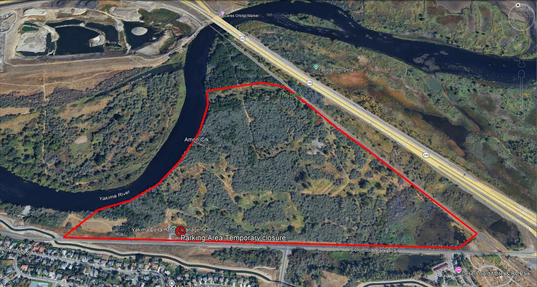 The Yakima Delta Habitat Management Unit temporary closure area is bordered in red. The site and Columbia Park Trail parking lot will be closed from Aug. 4 to 14 while crews mobilize equipment for the Amon Creek restoration project.