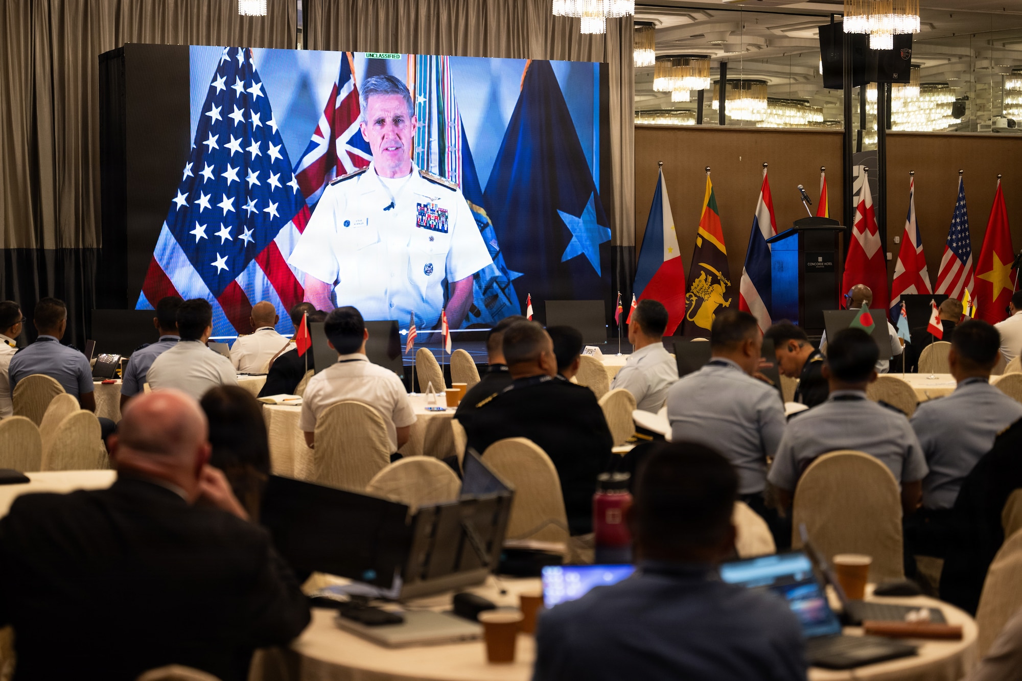 SINGAPORE (Aug. 3, 2026) Southeast Asia Cooperation and Training (SEACAT) participants watch an introductory video during SEACAT in Singapore, Aug. 3, 2026. SEACAT is a multilateral, multi-platform exercise including ashore and at-sea training evolutions emphasizing real-world engagements to enhance cooperation and maritime security capabilities in the Indo-Pacific. (U.S. Navy Photo by Mass Communications Specialist 2nd Class Moises Sandoval)