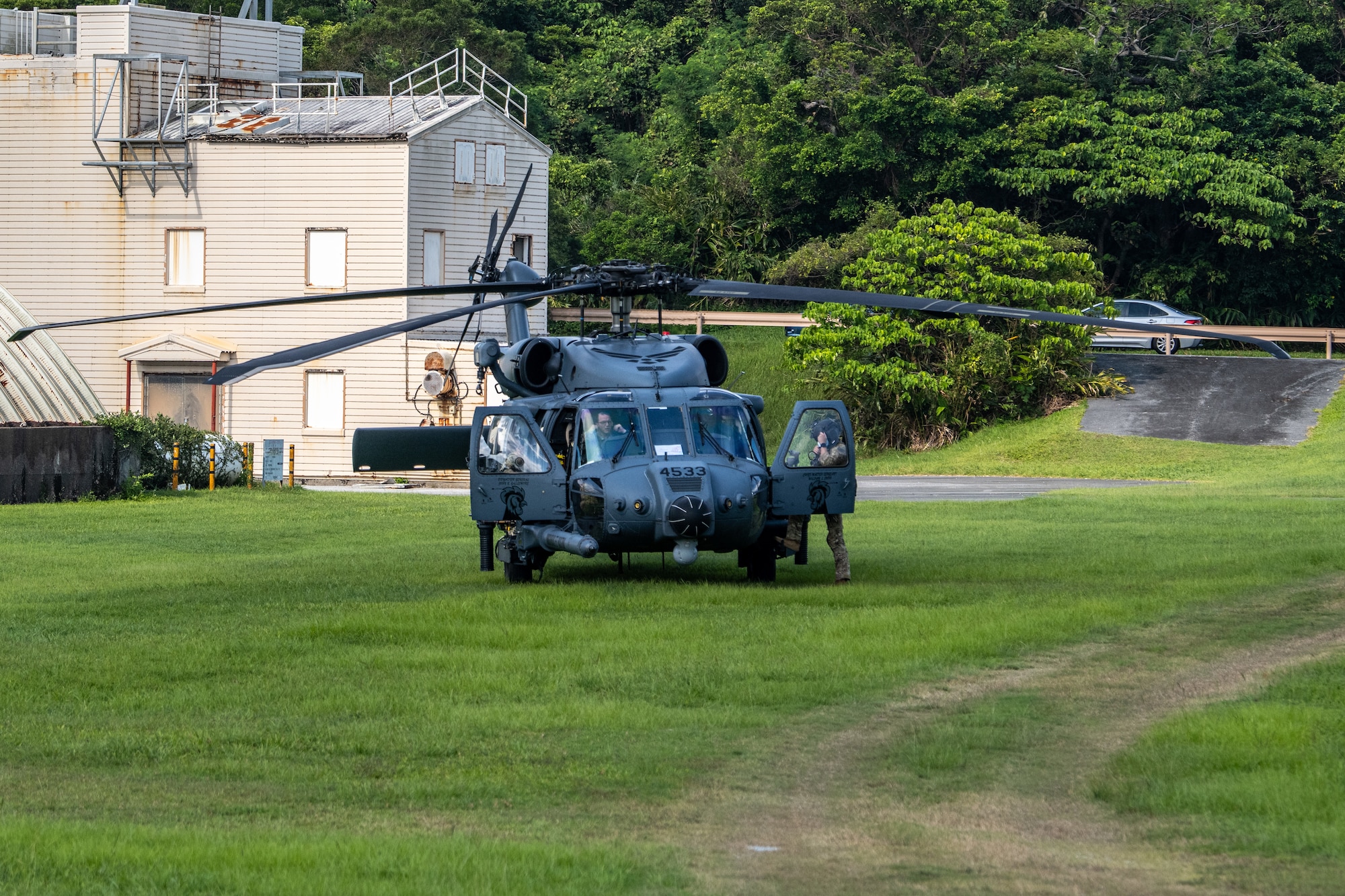 helicopter lands on a field