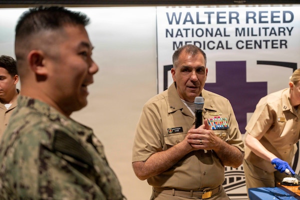 Rear Adm. Matthew Case, Acting Surgeon General and Director of the Medical Service Corps, answers questions from junior MSC officers during Navy Medicine Readiness and Training Center Bethesda’s Medical Service Corps Birthday Ceremony at Walter Reed National Military Medical Center, August 4, 2026. NMRTC Bethesda's mission is to maximize warfighter performance through optimized medical readiness tailored to operational requirements; enhance the readiness of the medical force to sustain expeditionary medical capability; and train and develop the Navy Medicine Force. (U.S. Navy photo by Mass Communication Specialist Second Class Alec Kramer)