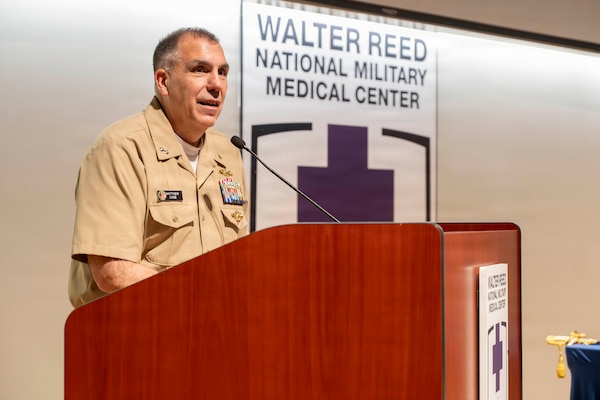 Rear Adm. Matthew Case, Acting Surgeon General and Director of the Medical Service Corps, speaks during Navy Medicine Readiness and Training Center Bethesda’s Medical Service Corps Birthday Ceremony at Walter Reed National Military Medical Center, August 4, 2026. NMRTC Bethesda's mission is to maximize warfighter performance through optimized medical readiness tailored to operational requirements; enhance the readiness of the medical force to sustain expeditionary medical capability; and train and develop the Navy Medicine Force. (U.S. Navy photo by Mass Communication Specialist Second Class Alec Kramer)