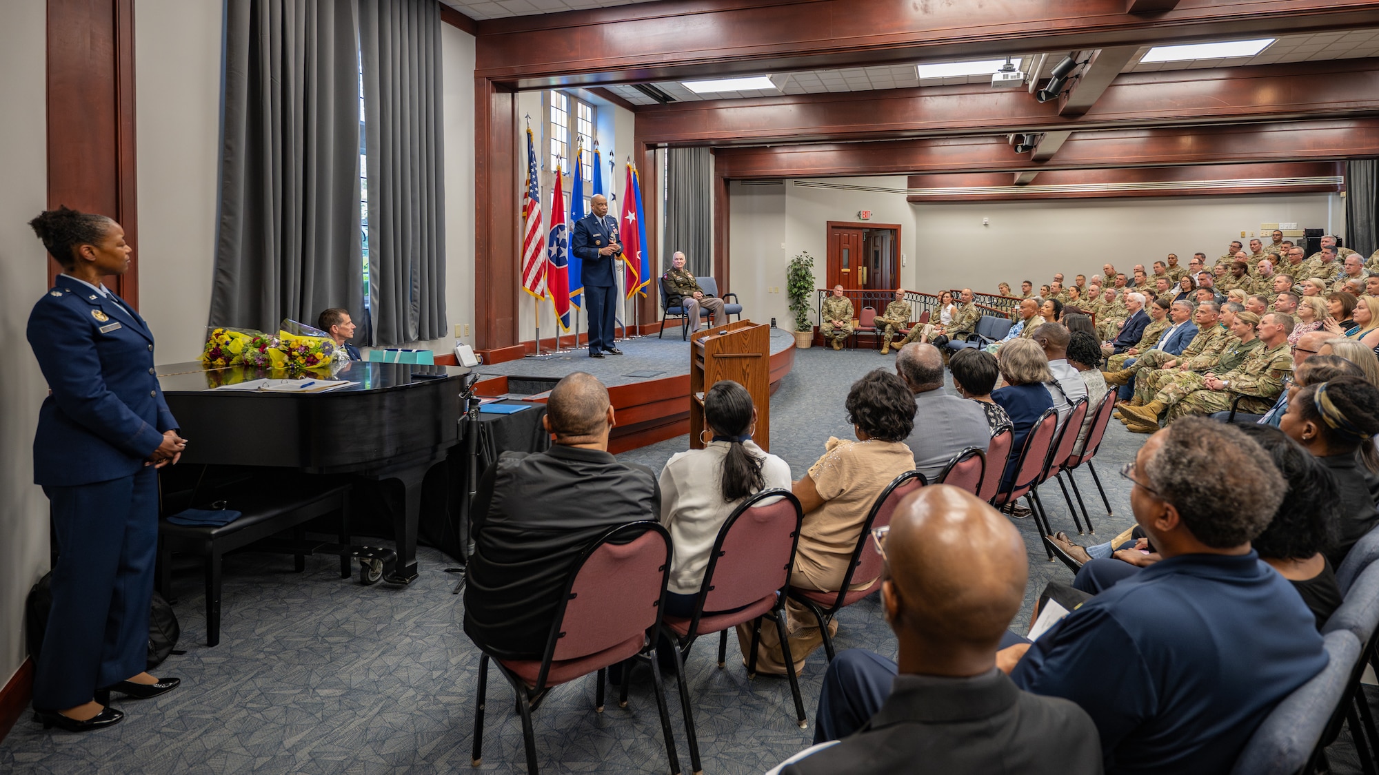 U.S. Air Force Maj. Gen. Charles Walker, Air National Guard assistant to the judge advocate general of the United States Air Force, addresses an audience of friends, family and colleagues at his retirement ceremony in Nashville, Tenn., July 24, 2026. Walker is concluding a distinguished 35-year career during which he previously served as director of the Office of Complex Investigations at the National Guard Bureau in Washington, D.C., chief of staff for the Air Component at Joint Force Headquarters—Kentucky National Guard, and staff judge advocate for the Kentucky Air Guard’s 123rd Airlift Wing in Louisville. (U.S. Air National Guard photo by Dale Greer)