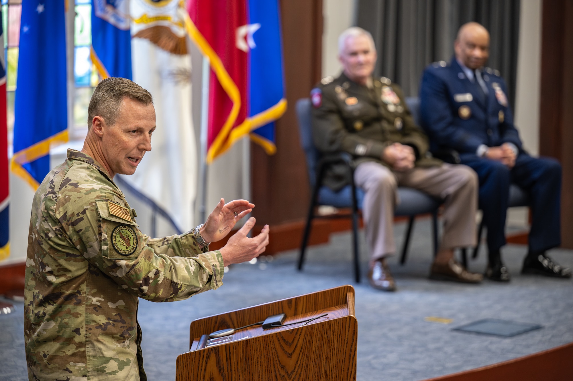 U.S. Air Force Maj. Gen. Christopher Eason, judge advocate general of the Air Force, speaks at the retirement ceremony of U.S. Air Force Maj. Gen. Charles Walker, Air National Guard assistant to the judge advocate general of the United States Air Force, in Nashville, Tenn., July 24, 2026. Walker is concluding a distinguished 35-year career during which he previously served as director of the Office of Complex Investigations at the National Guard Bureau in Washington, D.C., chief of staff for the Air Component at Joint Force Headquarters—Kentucky National Guard, and staff judge advocate for the Kentucky Air Guard’s 123rd Airlift Wing in Louisville. (U.S. Air National Guard photo by Dale Greer)