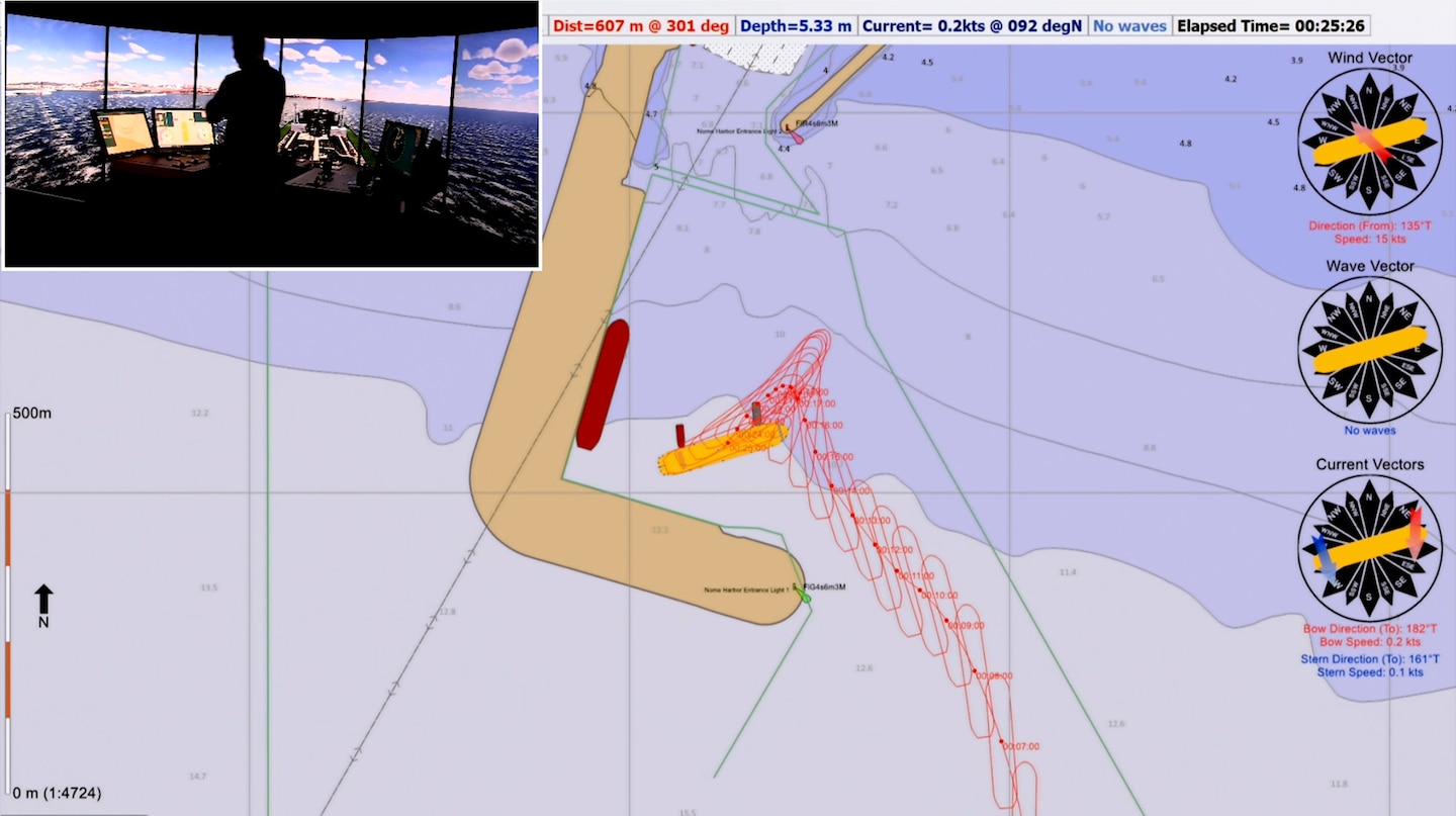 While a pilot is maneuvering a vessel in one of the U.S. Army Watercraft and Ship Simulator bays, the process is mapped and observed in real-time via a computerized navigation map. The combination of the simulation and navigation capabilities allows planners to quickly map out potential maneuvers and different simulation scenarios.