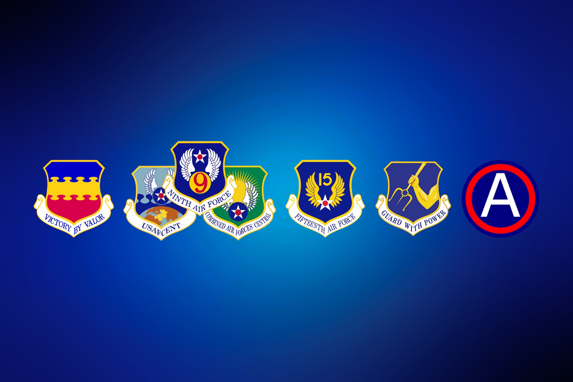The command shields for the 20th Fighter Wing, 9th Air Force, U.S. Air Forces Central Command, Combined Air Forces Central, 15th AF, the 25th Attack Wing, and U.S. Army Central are displayed against a white, blue and black background.