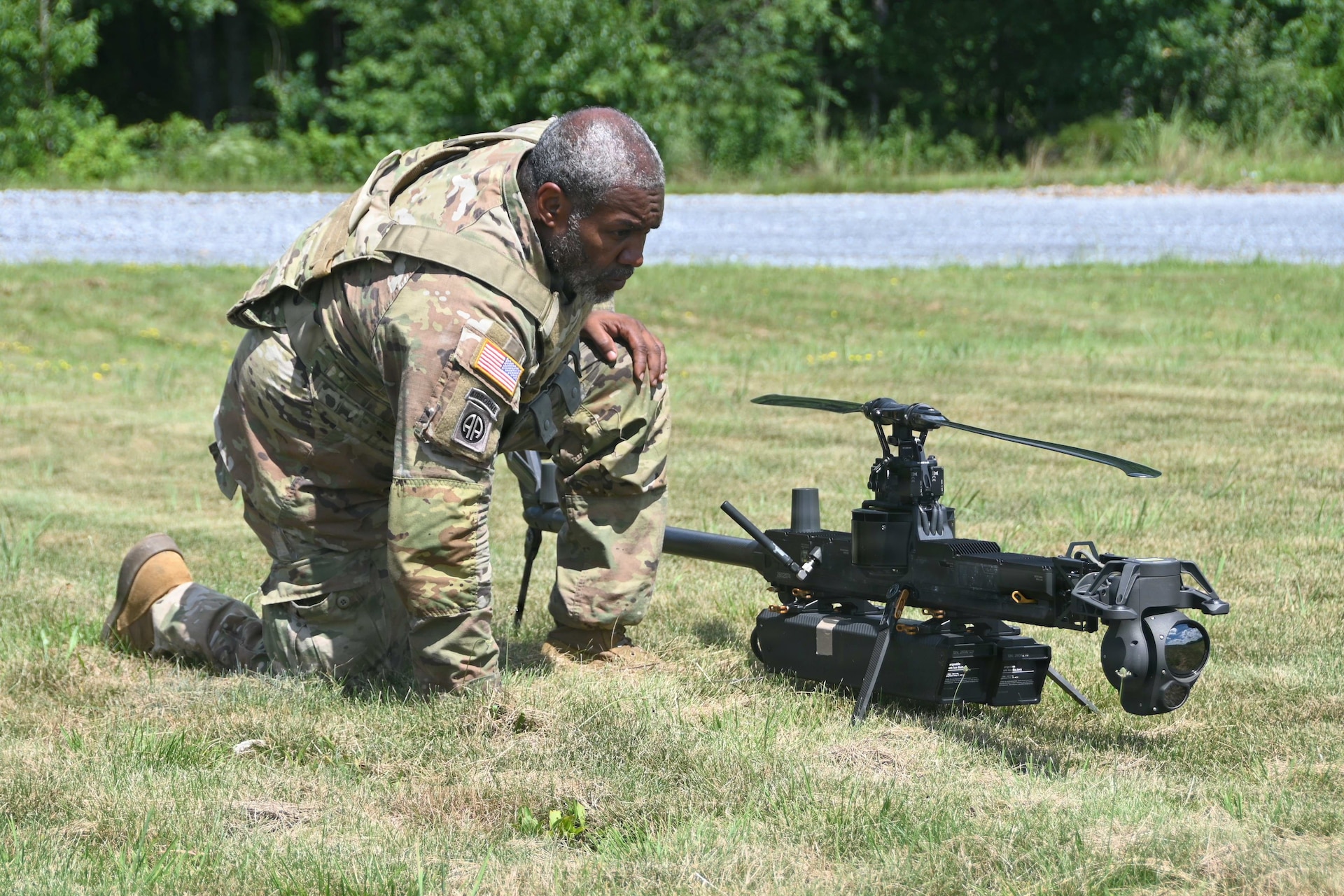 Sgt. Derick Brown, an unmanned aircraft system operator from Mike Co., 56th Mobile Brigade Combat Team, prepares a UAS a multi-domain exercise conducted by the 556th Military Intelligence Co. Aug. 3, 2026 at Fort Indiantown Gap, Pennsylvania. (Pennsylvania National Guard photo by Brad Rhen)
