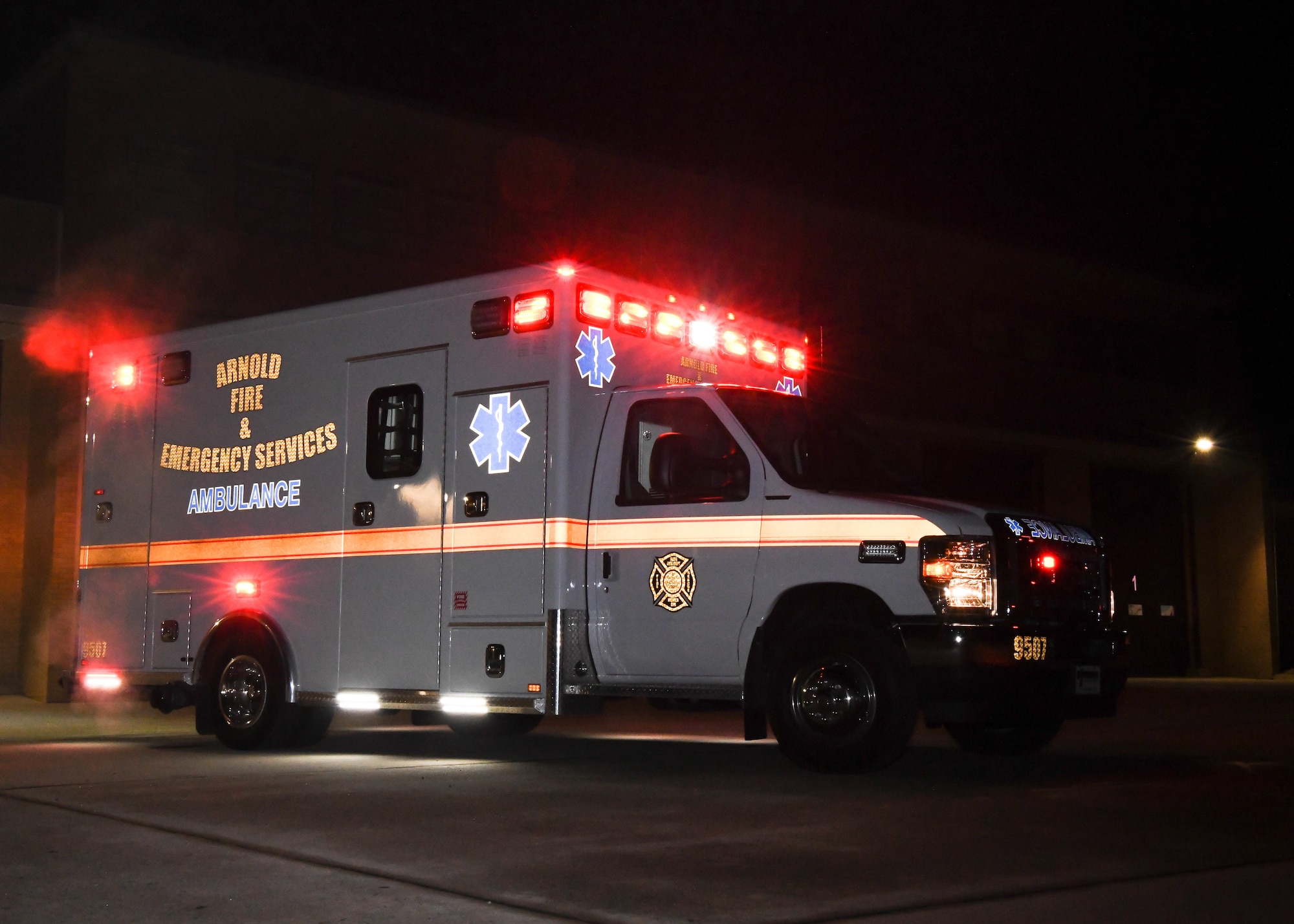 An Arnold Air Force Base Fire and Emergency Services ambulance is pictured in January 2021 at Arnold AFB, Tenn., headquarters of Arnold Engineering Development Complex. Fire and Emergency Services, which includes ambulance services, is a requirement of the Facility Support Services III contract set to be awarded in summer 2027. AEDC personnel hosted companies interested in bidding on the contact during an Industry Day event, July 21-22 at the Arnold AFB. (U.S. Air Force photo)