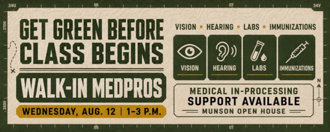 Service members can complete select individual medical readiness requirements and receive medical in-processing support during Munson Army Health Center’s open house Wednesday, Aug. 12, from 1 to 3 p.m.

Walk-in MEDPROS services will be available for vision, hearing, HIV and immunization requirements, giving service members an opportunity to address outstanding items before the U.S. Army Command and General Staff College academic year begins. Medical Records personnel will also be available to support any remaining newly arrived service members with medical in-processing.