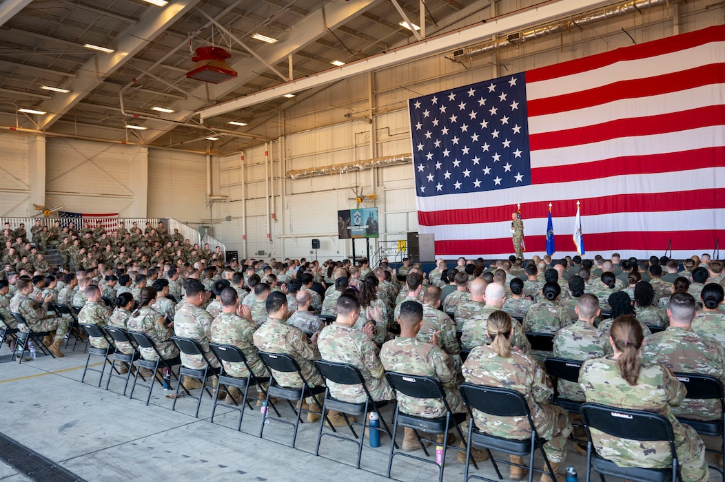 Chief Master Sergeant of the Air Force David R. Wolfe speaks to Airmen at an all call at Beale Air Force Base, Calif., Aug. 3, 2026.