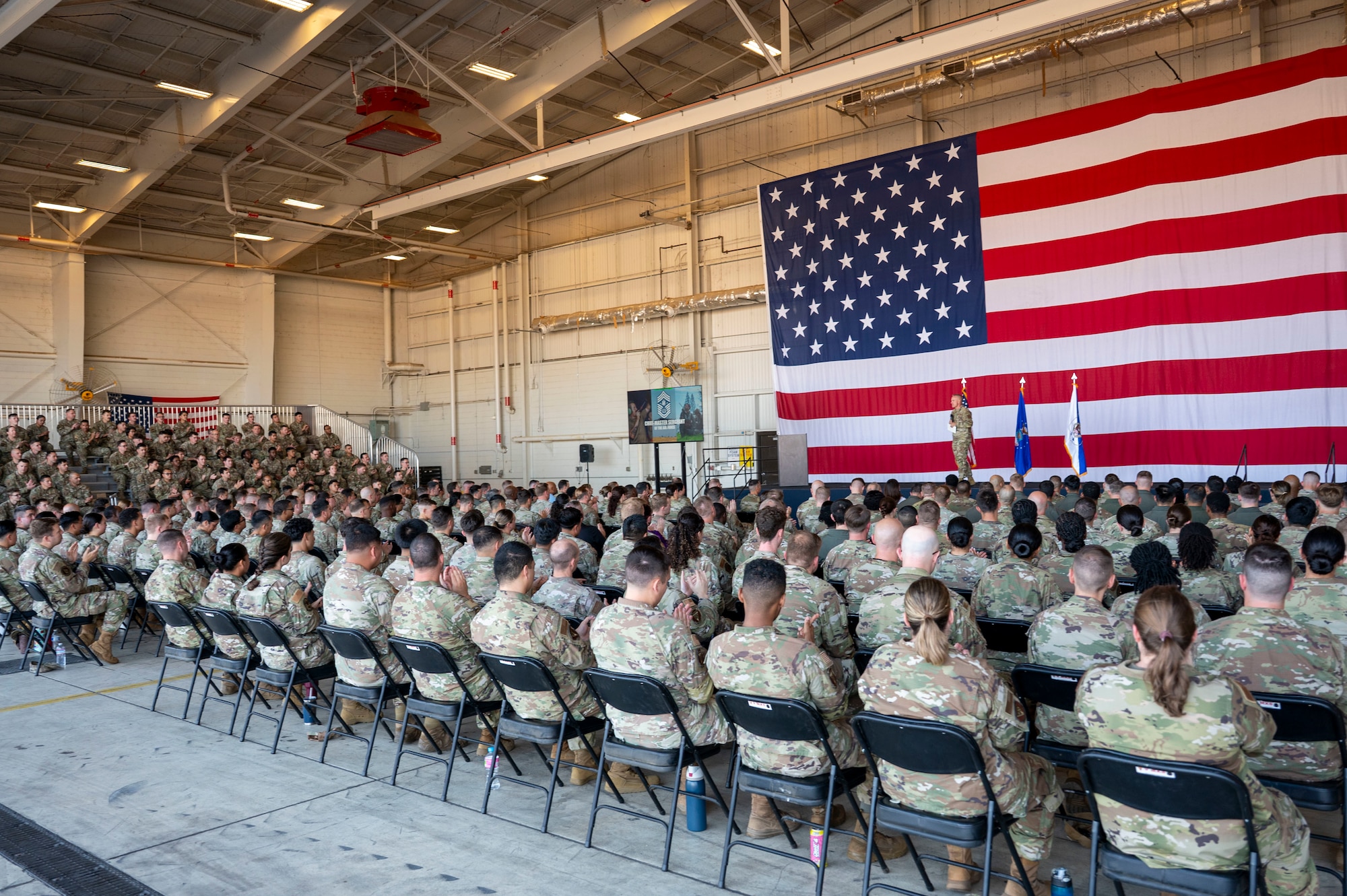 Chief Master Sergeant of the Air Force David R. Wolfe speaks to Airmen at an all call at Beale Air Force Base, Calif., Aug. 3, 2026.